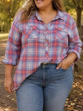 BLL 100% Cotton Red Blue Plaid Button Down Shirt Plus Size Long Sleeve Casual